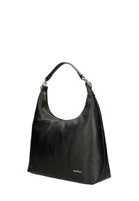 Sac à main en cuir noir texturé avec une seule bandoulière et une fermeture éclair visible, arborant un petit logo argenté "wojas" près du coin inférieur.