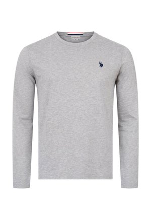 Hellgraues Langarmshirt mit Rundhalsausschnitt und kleinem dunkelblau besticktem Pferde- und Reiter-Logo auf der linken Brust, Größe Medium.