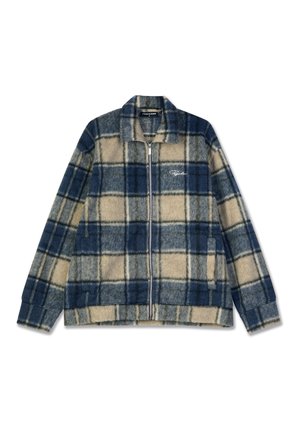 Fleece jacket with a blue and beige plaid pattern, featuring a zip front, a collared neckline, long sleeves, and a relaxed fit.
