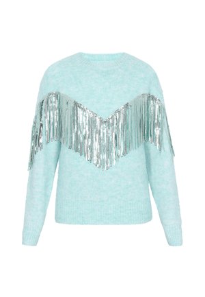 Lichtblauwe, fuzzy trui met zilveren sequins franjes in een V-patroon over de borst. Lange mouwen en een ronde halslijn.