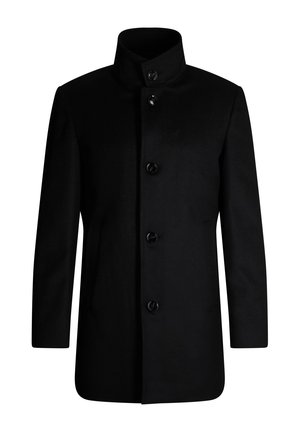 Schwarzer Wollmantel mit hohem Kragen, vorderer Knopfverschluss, langen Ärmeln und Seitentaschen. Glatte Textur und taillierte Passform.