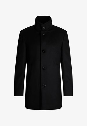 Schwarzer Wollmantel mit hohem Kragen, vorderer Knopfverschluss, langen Ärmeln und Seitentaschen. Glatte Textur und taillierte Passform.
