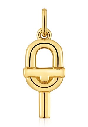 Ciondolo d'oro a forma di lucchetto stilizzato con un arco arrotondato e una barra orizzontale, attaccato a un semplice anello per la catena.