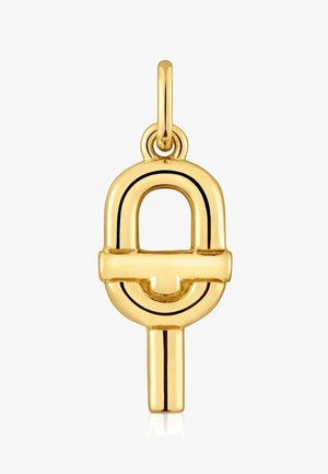 Ciondolo d'oro a forma di lucchetto stilizzato con un arco arrotondato e una barra orizzontale, attaccato a un semplice anello per la catena.