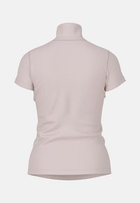 Short-sleeve turtleneck top in light pink, smooth texture, fitted design, subtle stitching detail, no visible logos or patterns.