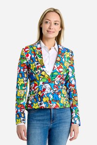 Colorful blazer featuring dense Mario-themed print, with characters set against a blue background. Material appears smooth, with a fitted design.