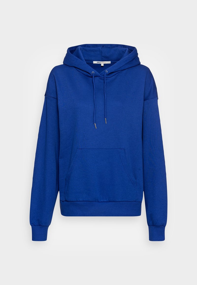 Sweat-shirt à capuche bleu avec une poche frontale, des détails à cordon de serrage, des poignets et un ourlet côtelés. Tissu doux avec une texture lisse.