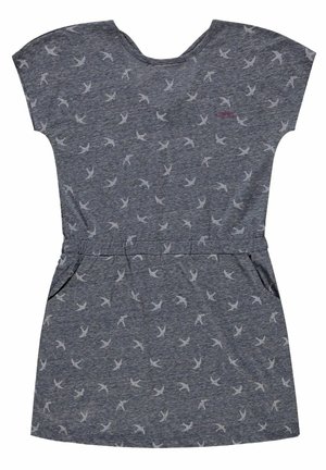 Robe gris à manches courtes avec une coupe décontractée, présentant un motif d'oiseaux subtil, un col rond, une taille élastique et des poches latérales.