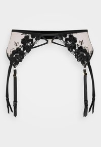 Black lace garter belt with floral embroidery, adjustable straps, and gold-tone hardware on a translucent fabric base.