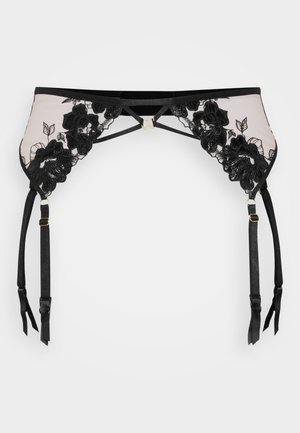 Black lace garter belt with floral embroidery, adjustable straps, and gold-tone hardware on a translucent fabric base.