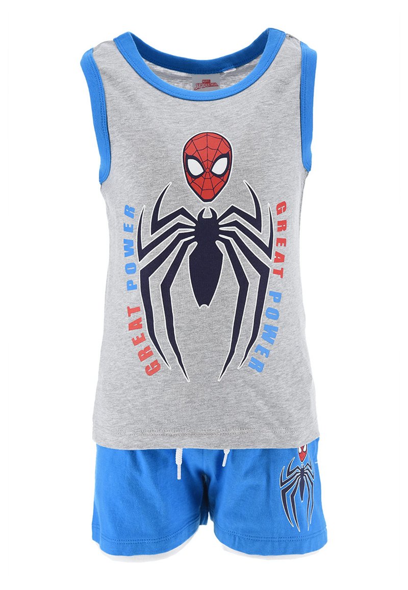 Gray tank top with blue trim, featuring a Spider-Man graphic and "GREAT POWER" text, paired with blue shorts displaying a spider logo.