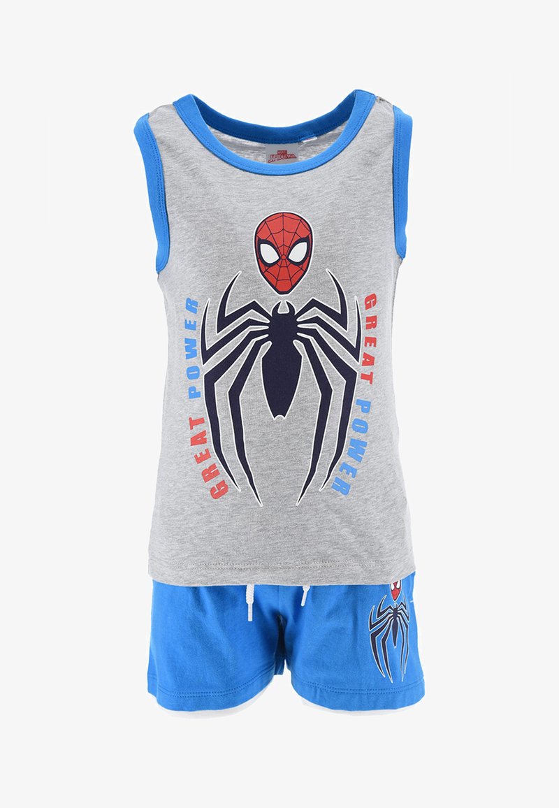 Gray tank top with blue trim, featuring a Spider-Man graphic and "GREAT POWER" text, paired with blue shorts displaying a spider logo.