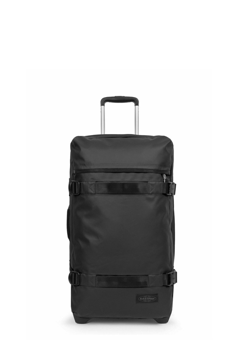 Schwarze Rollreisetasche aus robustem Material, mit einem ausziehbaren Griff, zwei Seitengriffen und schwarzen Gurtbändern für einen sicheren Verschluss.