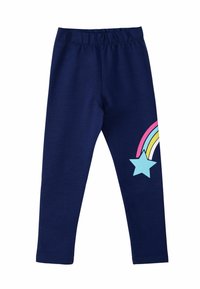 Marineblaue Leggings mit einem elastischen Bund, ausgestattet mit einem bunten Regenbogen- und Sternen-Design auf dem linken Bein. Glatte Stoffoberfläche.