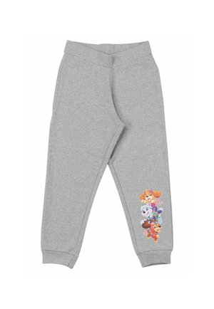 Graue Kinderhose mit elastischem Bund und Bündchen, mit bunten Paw Patrol Figuren auf dem unteren Bein bedruckt.