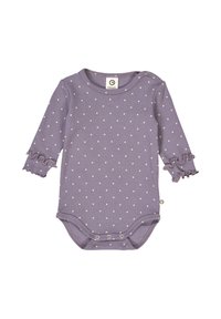 Fioletowy bodysuit z długim rękawem w białe kropki, w teksturowanej tkaninie, z falbanowymi mankietami i zapięciem na zatrzaski na dole, co ułatwia ubieranie.