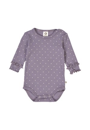 Lilac long-sleeve bodysuit with white polka dots, textured fabric, ruffled cuffs, and snap closures at the bottom for easy dressing.