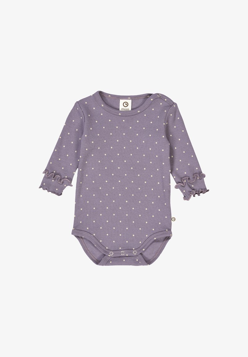 Fialový bodysuit s dlouhým rukávem, bílými puntíky, texturovanou tkaninou, volány na manžetách a patentkami na dně pro snadné oblékaní.