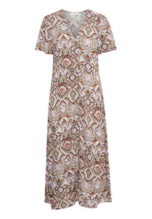 Rövid ujjú, megkötős ruha virágos és geometrikus mintával, földszínekben: barna, zöld és rózsaszín, világos háttéren.