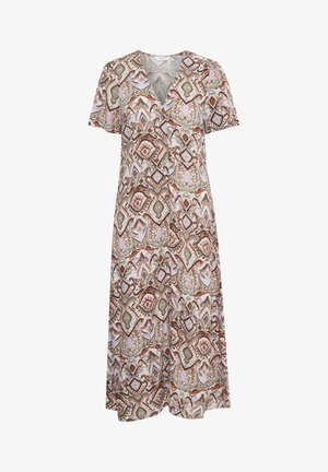 Short-sleeve, wrap dress with a floral and geometric pattern in earthy tones of brown, green, and pink on a light background.