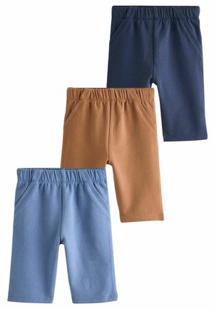 Set med tre shorts: marinblå, brun och ljusblå. Tillverkade av mjukt material, med elastiskt midjeband och sidofickor. Slät textur.