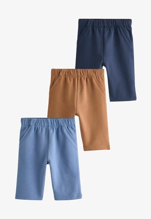 Set med tre shorts: marinblå, brun och ljusblå. Tillverkade av mjukt material, med elastiskt midjeband och sidofickor. Slät textur.