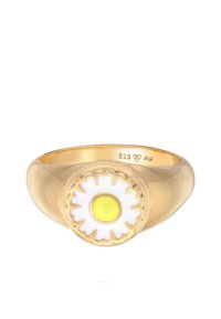 Goldring mit einem runden Band, das ein florales Design in weißem Emaille mit einem gelben Zentrum aufweist. Mit "925" für die Silberreinheit gekennzeichnet.