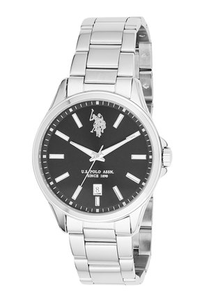 Orologio da polso in metallo argento con quadrante nero, indici delle ore bianchi, visualizzazione della data e logo U.S. Polo Assn. a ore 12.