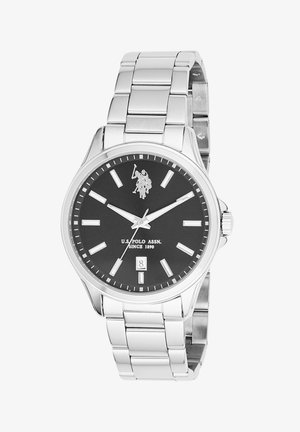 Orologio da polso in metallo argento con quadrante nero, indici delle ore bianchi, visualizzazione della data e logo U.S. Polo Assn. a ore 12.