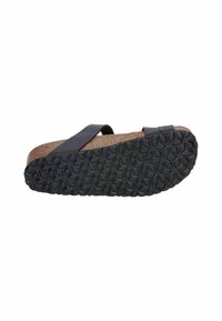 Black slide sandal with cork footbed, featuring two wide straps and a textured rubber sole with a hexagonal pattern.