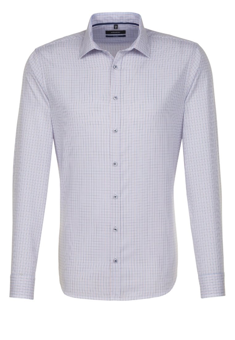 Camicia a maniche lunghe con bottoni di colore viola chiaro, caratterizzata da un motivo a griglia con accenti blu e rossi. Realizzata in tessuto morbido con colletto classico.