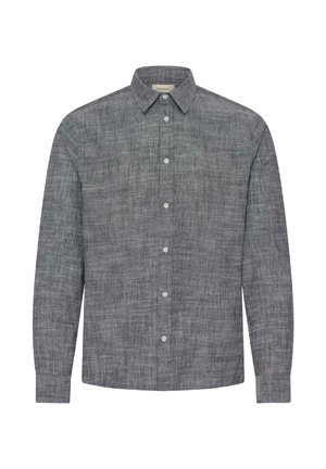 Cămașă pentru bărbați cu mâneci lungi, cu nasturi, din material texturat gri, cu guler clasic și nasturi albi pe partea din față.