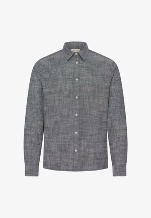 Cămașă pentru bărbați cu mâneci lungi, cu nasturi, din material texturat gri, cu guler clasic și nasturi albi pe partea din față.