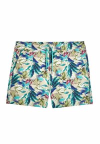 Shorts de bain en tissu léger, ornés d'un motif floral tropical vert, turquoise et rose sur un fond beige.