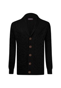 Schwarzer Kabelstrick-Cardigan mit Schalkragen, Holzknöpfen und zwei vorderen Taschen. Hergestellt aus strukturiertem Strickmaterial.