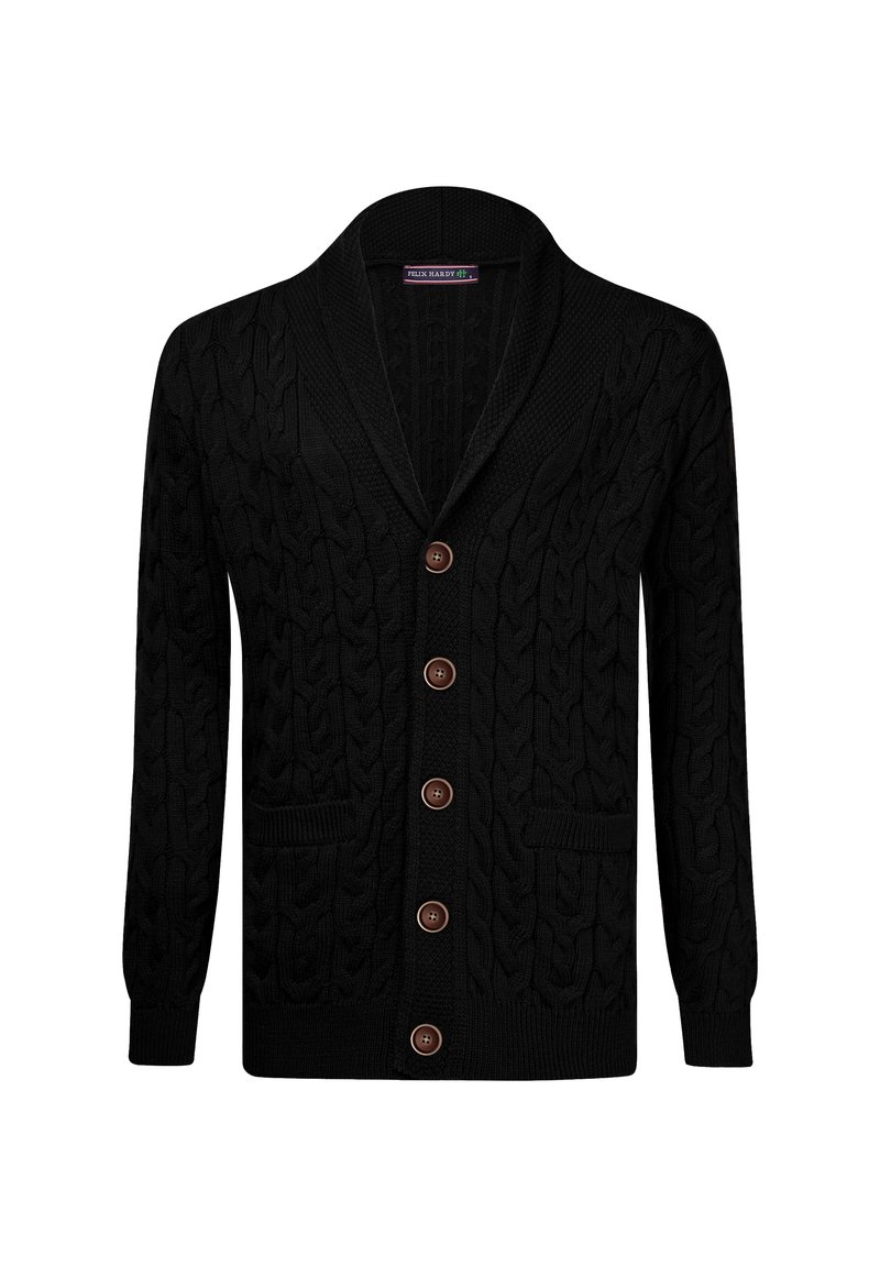 Schwarzer Kabelstrick-Cardigan mit Schalkragen, Holzknöpfen und zwei vorderen Taschen. Hergestellt aus strukturiertem Strickmaterial.