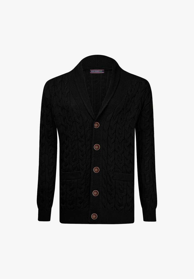 Schwarzer Kabelstrick-Cardigan mit Schalkragen, Holzknöpfen und zwei vorderen Taschen. Hergestellt aus strukturiertem Strickmaterial.