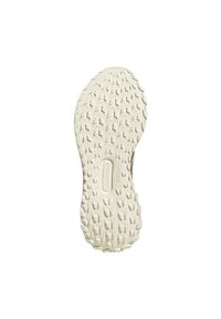 Suela de zapato blanca de goma texturizada con un patrón de zigzag pronunciado y una hendidura central, diseñada para proporcionar tracción y estabilidad.
