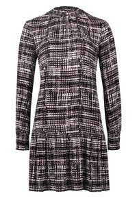 Robe à manches longues avec motif de quadrillage abstrait noir, blanc et violet, col montant avec deux fermetures à boutons et taille froncée.