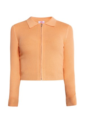 Ribaga, lühike kardigan pehme oranžiga, millel on krae ja eest luku, sisaldab pikki varrukaid ja sileda kudumise tekstuuri.
