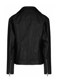 Giubbotto in ecopelle nera con cuciture a vista, maniche lunghe e dettagli in zip argentati sui polsini, visto da dietro.