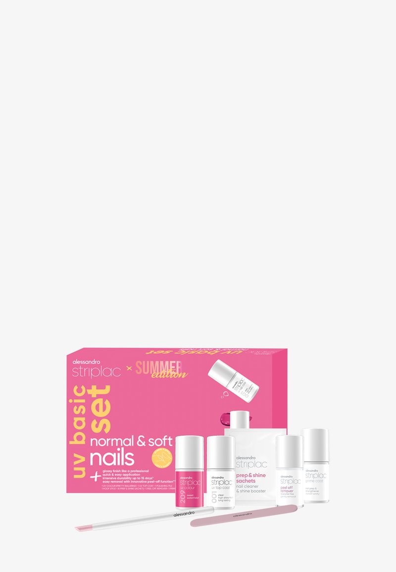 Ensemble de vernis à ongles de base UV Alessandro Striplac rose comprenant du vernis à ongles, un top coat, des sachets de préparation, un dissolvant à pelage, un apprêt et une lime à ongles.