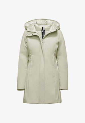 Licht beige waterdichte jas met een capuchon, zijzakken, ritssluiting en gewatteerde voering. Knete buitenstof met minimale hardwaredetails.