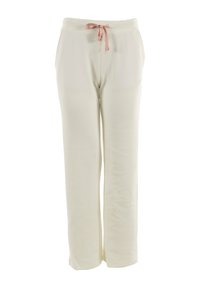 Pantalones de chándal blancos hechos de tela suave, con una cintura elástica y un cordón rosa, además de bolsillos laterales. Diseño de pierna recta.