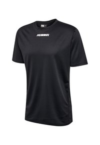 Svart idrottst-shirt av ventilerande tyg, med rund hals, korta ärmar och vit "HUMMEL"-logotyp på framsidan.