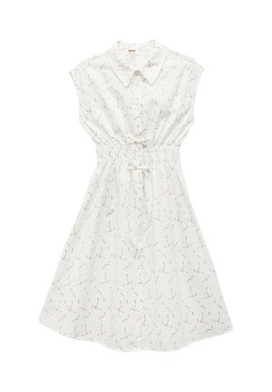 Hvid ærmeløs kjole med krave, knapper foran, elastisk talje med bindebånd og diskret buet linjemønster.