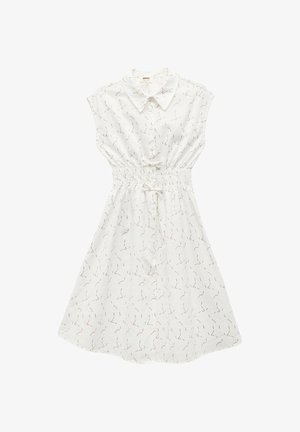 Vestito bianco senza maniche con colletto, davanti con bottoni, vita elastica con fiocchi e motivo a linee curve sottili.