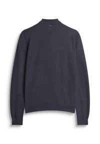 Donker marineblauwe trui, ribgebreide manchetten en zoom, klassieke kraag, gladde brei-textuur, achteraanzicht met een klein label bij de hals.