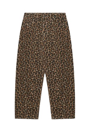 Pantalon droit imprimé léopard marron et noir avec poches avant et arrière et fermeture à bouton à la taille.