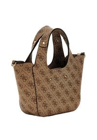 Borsa a tracolla marrone con motivo ripetuto di logo marrone scuro, doppie maniglie, rivetti in tono oro e attacchi ad anello sui lati.